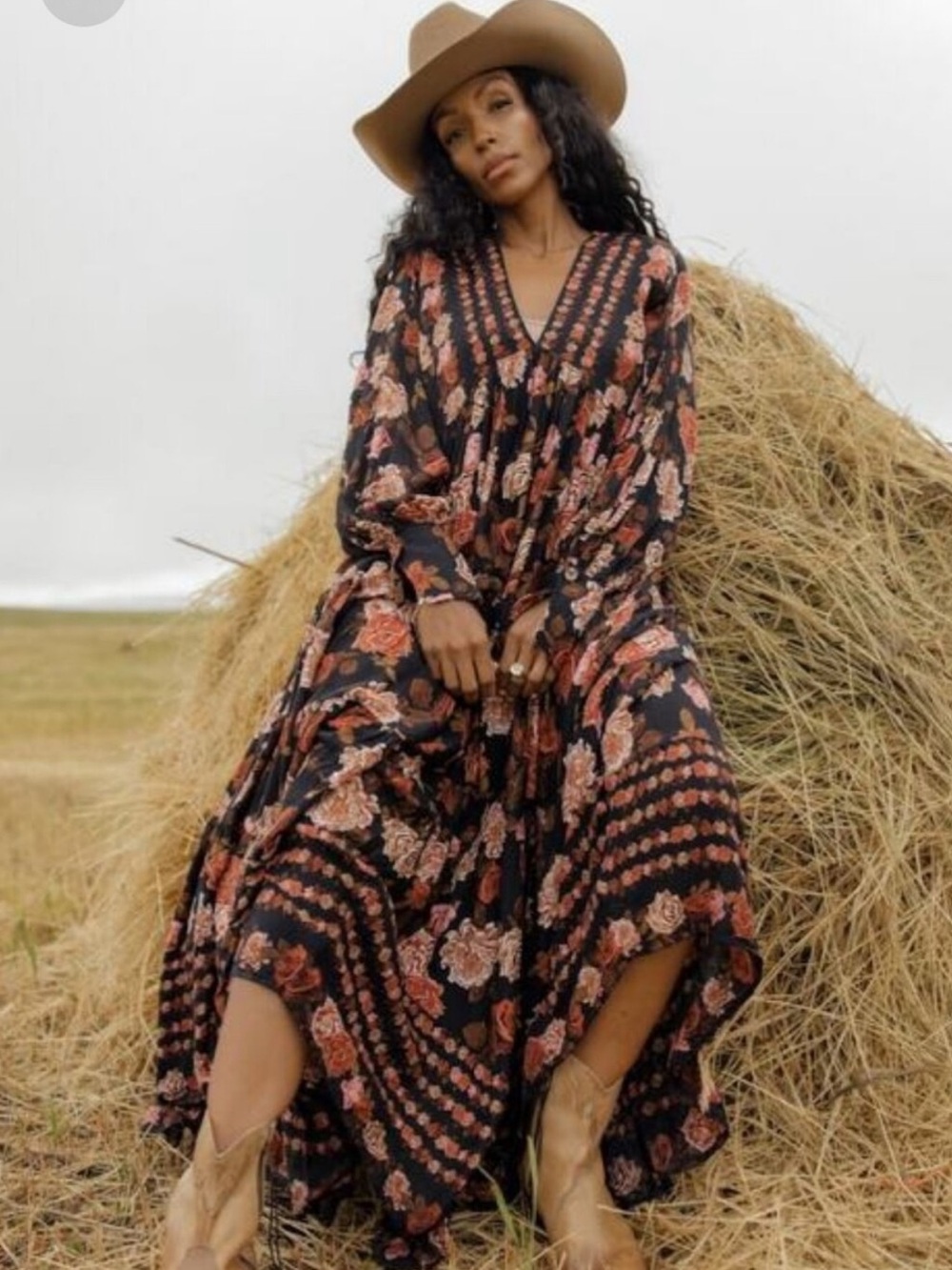 Free People Rows of Roses bohemian Maxi Dress Black & Pink Floral medium